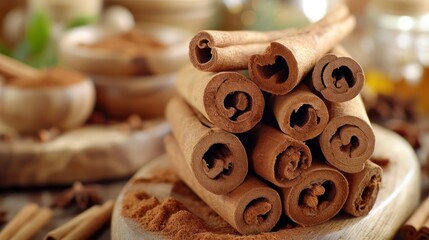 pile tons of dry cinnamon in kitchen table background setting