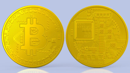 3d Golden Bitcoin Front and Back Side Gray Background