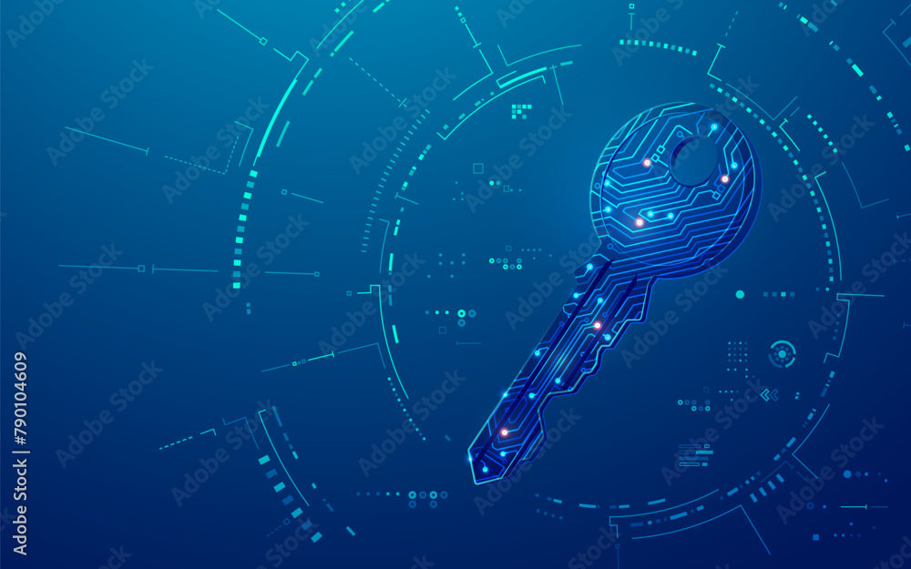 Poster concept of private key or cyber security, graphic of electronic pattern key with futuristic element