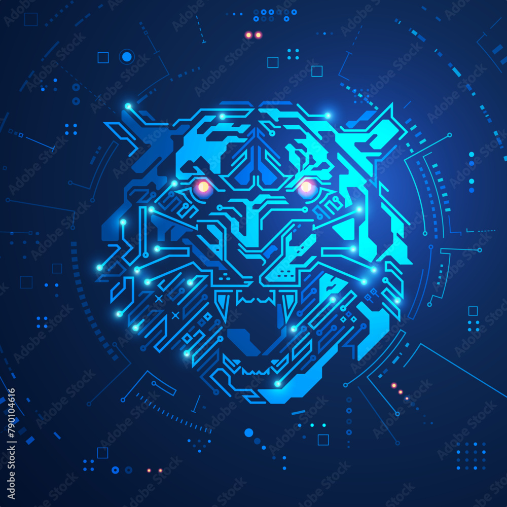 Poster concept of advance technology or cyber security, graphic of tiger face combine with electronic patte
