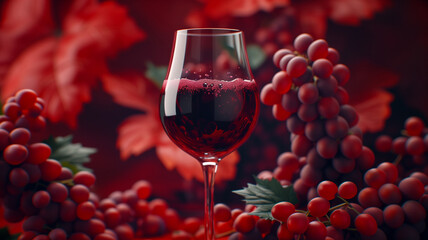 Wine glass and wine grape concept background design. Wineglass alcohol drink poster. Wine creative poster wallpaper. Raster bitmap digital illustration. AI artwork.