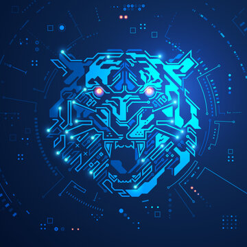 concept of advance technology or cyber security, graphic of tiger face combine with electronic pattern and futuristic element