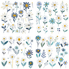 collection of scandinavian flowers in flat design, minimalist, whimsical and simple illustration aesthetic, The perspective should be scaled to include all extremities, set against a white background