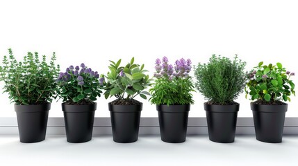 A row of potted plants with different colors and sizes