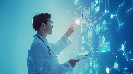 Digital composite of Man in lab coat with clipboard and square interface pointing with flare against blue background, digital screen medical technology concept
