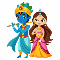 Hindu god Krishna with flute with Radha on an isolated white background