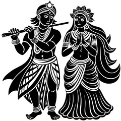 Hindu god Krishna with flute with Radha on an isolated white background