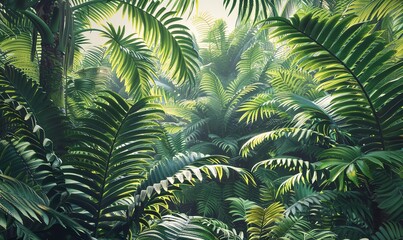 Render a lush tropical rainforest scene with giant, intricate ferns in a traditional watercolor medium, showcasing an eye-level view in an exotic plant sanctuary