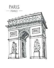 The Arc de Triomphe de l'Étoile, Paris, France. Freehand drawing. 
Vector quick travel sketch of The Arc de Triomphe in black color isolated on white background.  - obrazy, fototapety, plakaty