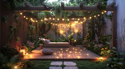 A patio with a wooden deck and a pergola with lights hanging from it