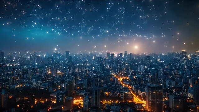Eco-Friendly City under Starry Skies. Concept Cityscape, Starry Skies, Eco-Friendly, Sustainable Living