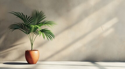 Obraz premium Minimal product placement background with green plant and shadow on the wall.