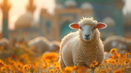 a beautiful sheep on big field with blurred mosque in background, islamic holy days, eid adha...