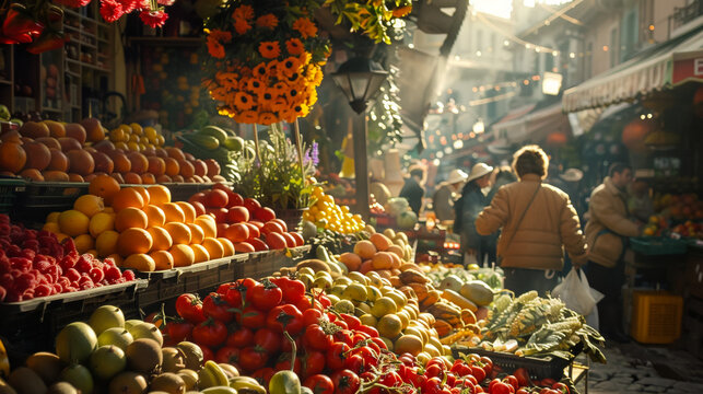Vibrant and lively, a bustling market scene showcases fresh produce and flowers, with cheerful customers engaging with vendors amidst a warm and sunny atmosphere.
