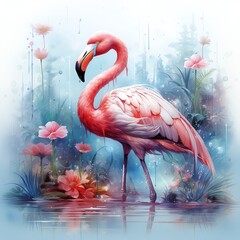 A watercolor painting of a pink flamingo standing in a blue pond surrounded by pink and white flowers.