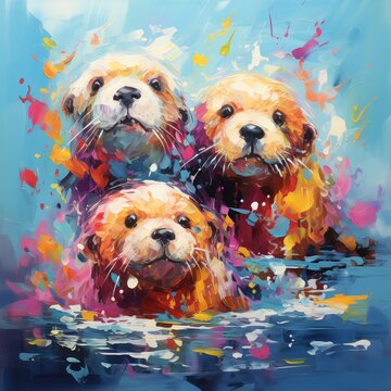 Three otters swimming in a colorful abstract ocean.
