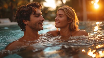 Couple in pool, couple in hot tub at sunset, relationship water enjoyment vacation bonding