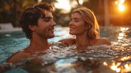 Obraz premium Couple in pool, couple in hot tub at sunset, relationship water enjoyment vacation bonding