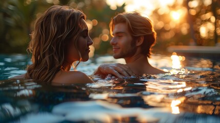 couple in pool at sunset, water romance vacation relationship enjoyment