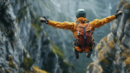 Base jumping, man jumping from cliff, recreational pursuit risk exercising rock climbing speed