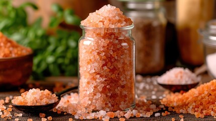 raw himalayan salt in the transparant bottle package, kitchen background setting - obrazy, fototapety, plakaty