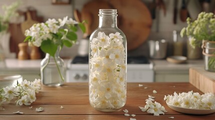 raw jasmine flower in the transparant bottle package, kitchen background setting