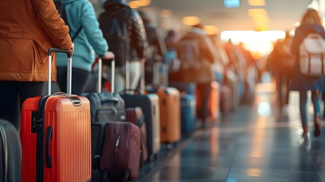 People waiting in line with their luggage, suitcases, and bags for an international flight at the airport check-in gate, queuing for a vacation, holiday, or immigration journey, signifies global trave