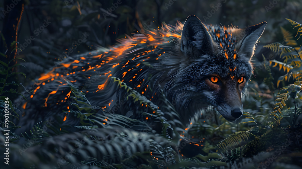Poster a silver fox with glowing orange and black stripes prowling in the dense forest. surrounded by ferns