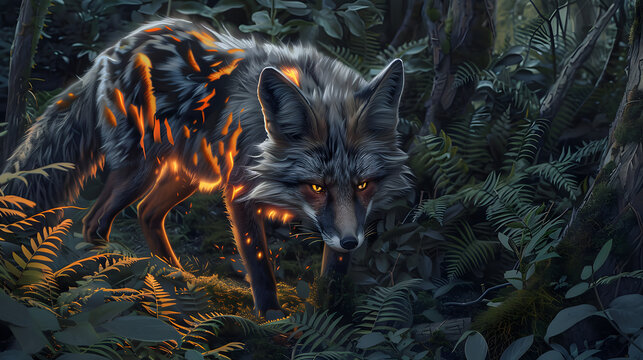 A silver fox with glowing orange and black stripes prowling in the dense forest. surrounded by ferns illuminated by moonlight. The scene is captured in a hyperrealistic style