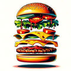 Illustration style pop art, cartoon, burger avec ingrédients en suspension photo idéale pour la publicité - obrazy, fototapety, plakaty