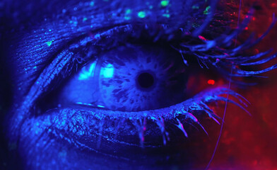 Female eye in neon lights, creating a mesmerizing visual effect