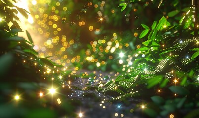 Transform the mystical essence of a secret garden into a mesmerizing digital rendering with pixel art, featuring a side view perspective of sparkling gems and lush greenery in a whimsical style - obrazy, fototapety, plakaty