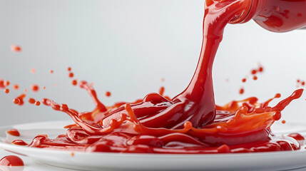 A bottle of tomato ketchup being poured onto a plate, with thick red sauce splashing and spreading outwards in a wave-like motion