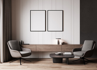 Mockup poster frame in modern interior design with wooden panel, living room. 3d rendering