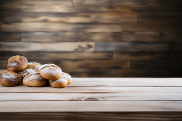 Bakery products, bread on wooden table top in supermarket. Template for product display. World Bread Day.