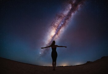 silhouette of a woman in desert dancing under night sky full of stars and visible galaxy