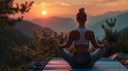 A woman practicing yoga outdoors against a mountain backdrop during sunrise, showcasing balance and vitality for a healthy lifestyle. Ideal for promoting wellness and fitness.