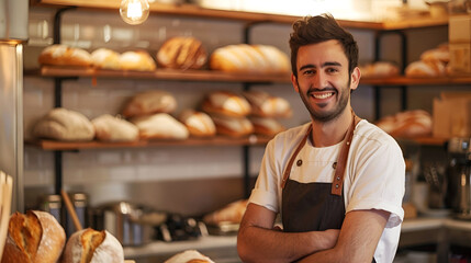 A man baker enjoying the aroma of freshly baked bread