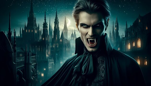 Vampire Count Vlad Tepes Dracula in front of a gothic castle