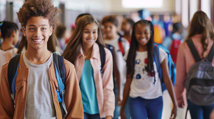 A diverse group of students, both eager and anxious, walking through a brightly decorated school hallway for the first day of school. Add touches like lockers and backpacks  - obrazy, fototapety, plakaty