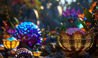 Transport viewers to a digital realm where pixelated mystical garden treasures come alive in vibrant colors and intricate details, blending a touch of nostalgia with a modern twist in a captivating 3D
