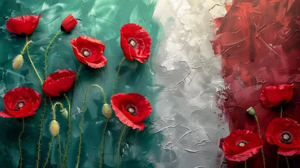 Rollo Red poppy flowers on background with Italy flag. Liberation day holiday. Festa della liberazione © Artlana