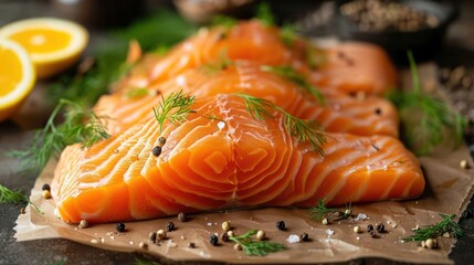 raw salmon fillet in kitchen table background setting