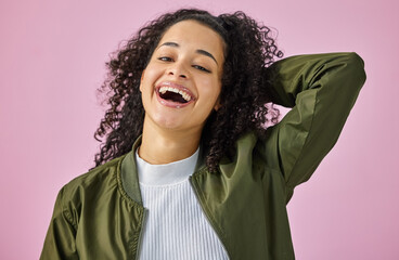 Funny, portrait and smile with woman on pink background in studio for comedy or humor. Comic, emoji...