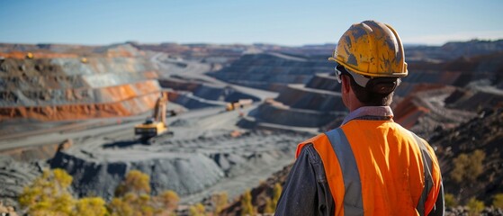 A mining industry worker in safety gear overlooks an expansive mining operation under a clear sky. - obrazy, fototapety, plakaty