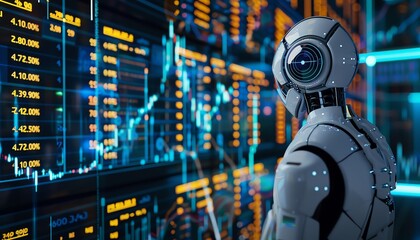 AI robot analyzing data, backlit stock charts, cool blues, techsavvy gaze, panoramic control room