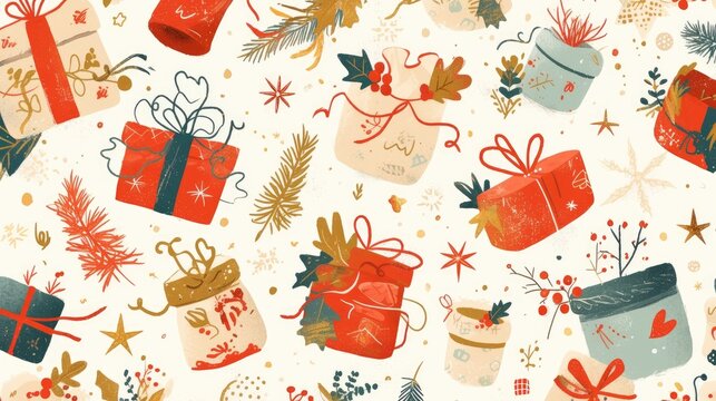Celebrate the festive season with a charming pattern featuring Christmas gift doodles and twinkling stars set against a textured holiday presents backdrop This delightful design sho