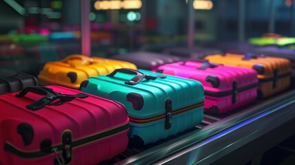 Colorful luggage on airport conveyor belt travel ready - obrazy, fototapety, plakaty