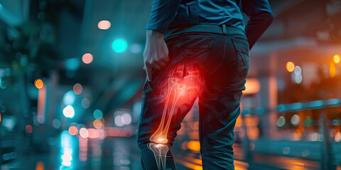 Sciatica Struggle: The Shooting Leg Pain and Numbness - Picture a person grabbing their lower back while experiencing shooting pain down one leg, with the leg partially faded to indicate numbness, ill - obrazy, fototapety, plakaty