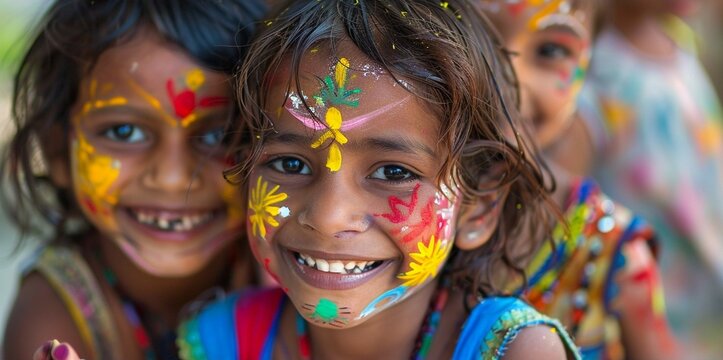 Children with face paint, bright smiles, close-up, joyful vibrance.